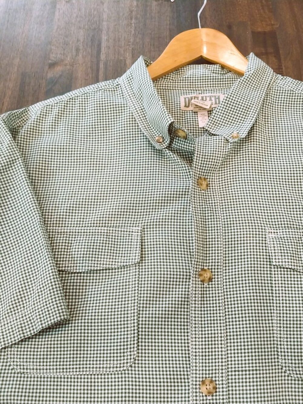 Duluth 100% Organic Cotton Shirt Mens 2XL Green Gingham Relaxed Fit Short Sleeve